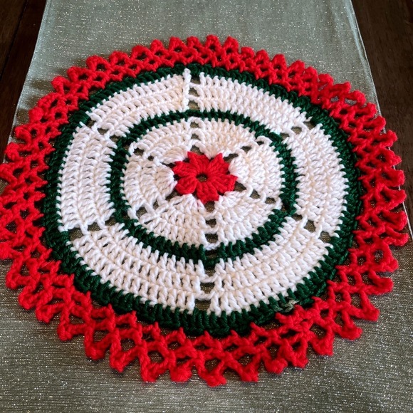 Handmade Other - VTG Handmade Crochet Christmas Doily Flower Potholder Red Green White 16inch